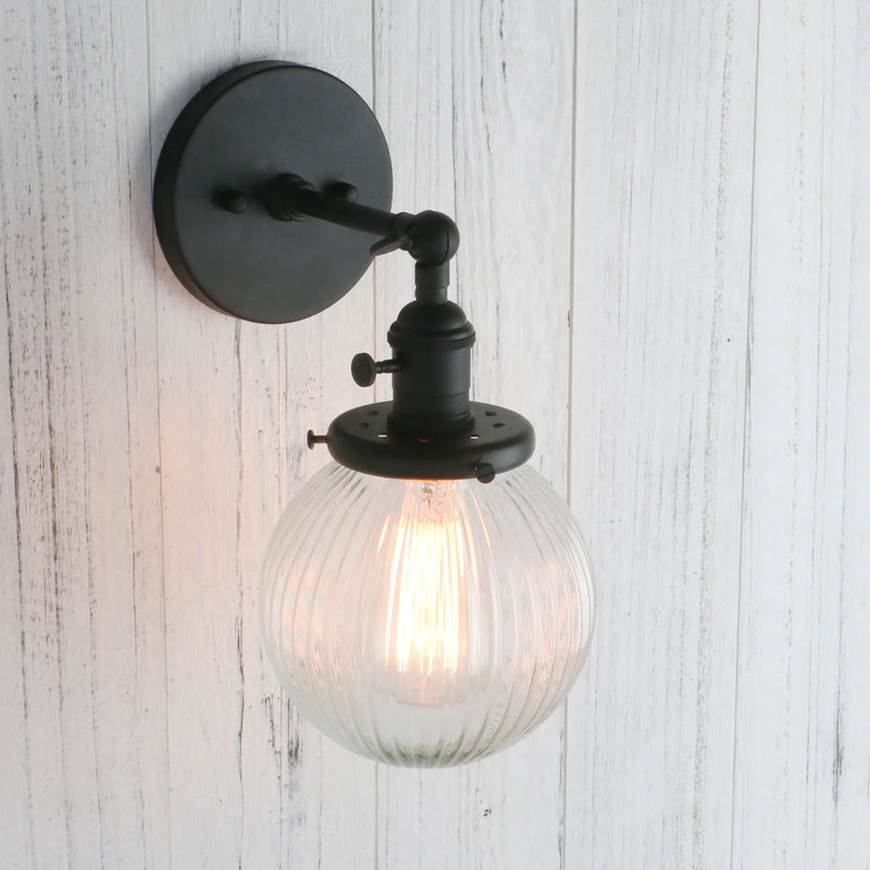 Afralia™ Mini Globe Ribbed Glass Wall Sconce - Vintage Industrial Lighting Fixtures