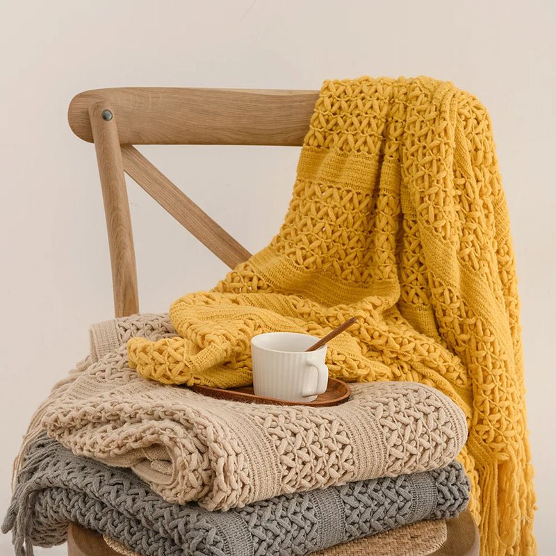 Afralia™ Hollow Plaid Knitted Throw Blanket with Tassels - Home Decor Essential