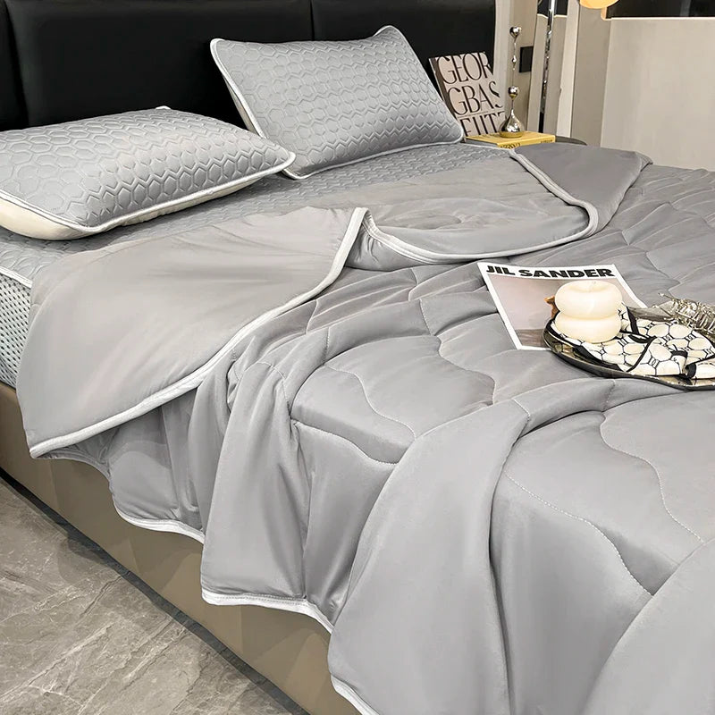 Afralia™ Silk Summer Blanket Set: Latex Fitted Sheet, Pillowcase, Queen Lightweight Comforter