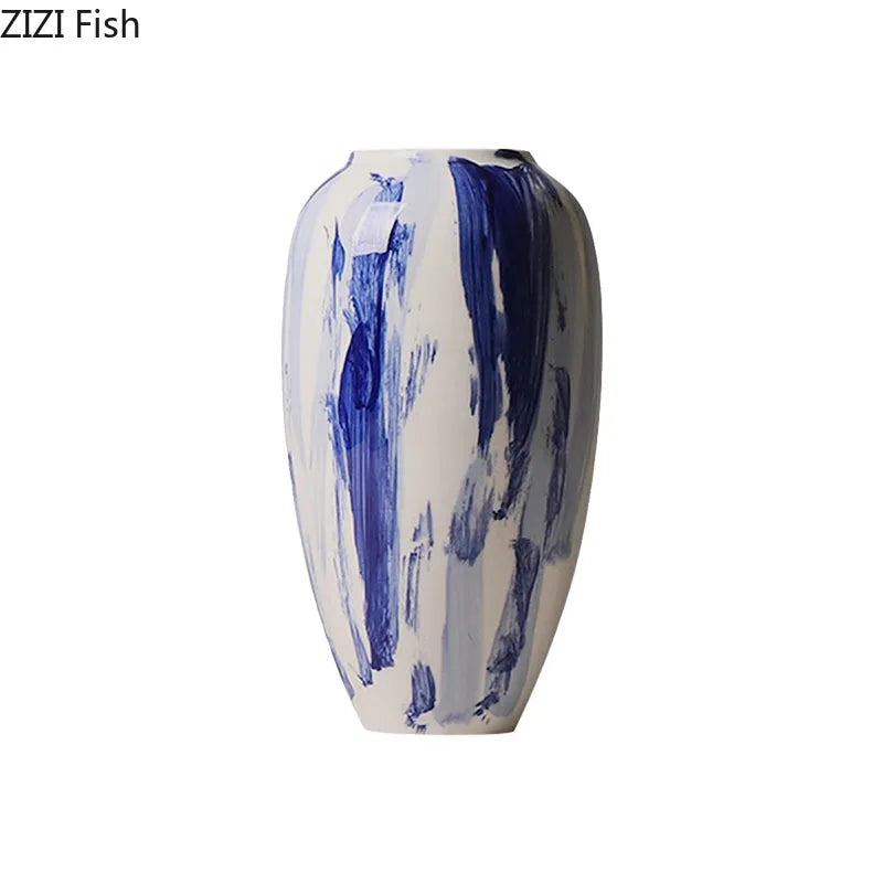 Afralia™ Blue & White Porcelain Vase: Ink Style Flowers, Aesthetic Room Decor
