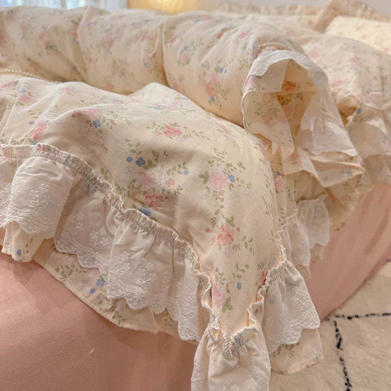 Afralia™ Floral Lace Ruffles Bedding Set in 100% Cotton, Korean Style, Single/Queen/King Size