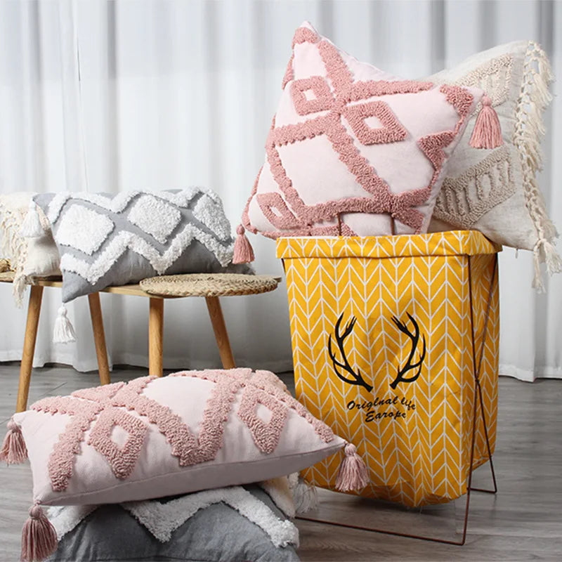 Afralia™ Pink Boho Style Tassel Cushion Cover 50x50cm/30x50cm Handmade Square Pillowcase