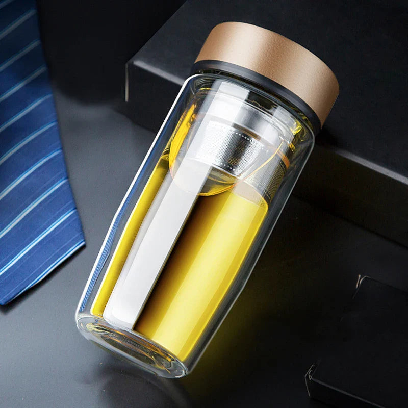 Afralia™ Double-deck Glass Cups with Lid, Thermal Insulation, Anti-scald, Portable