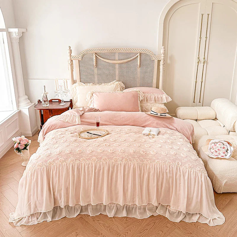 Afralia™ Pink Rose Lace Ruffles Bedding Set: Velvet Fleece, Duvet Cover, Sheet, Pillowcase
