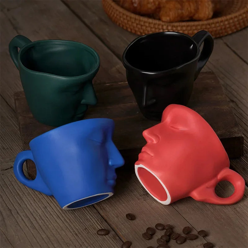 Afralia™ Frosted Ceramic Face Mug Set: Cup, Saucer, Spoon for Coffee, Tea, Milk