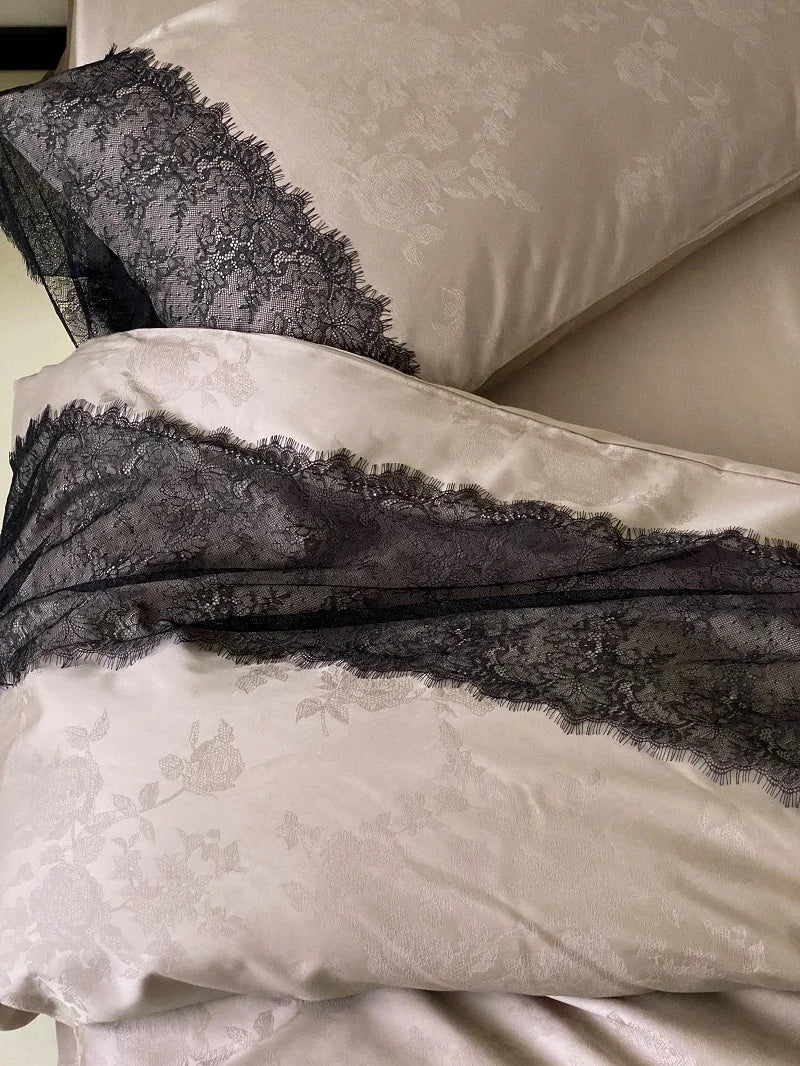 Afralia™ Silky Egyptian Cotton Lace Edge Bedding Set with Duvet Cover, Sheet & Pillowcases