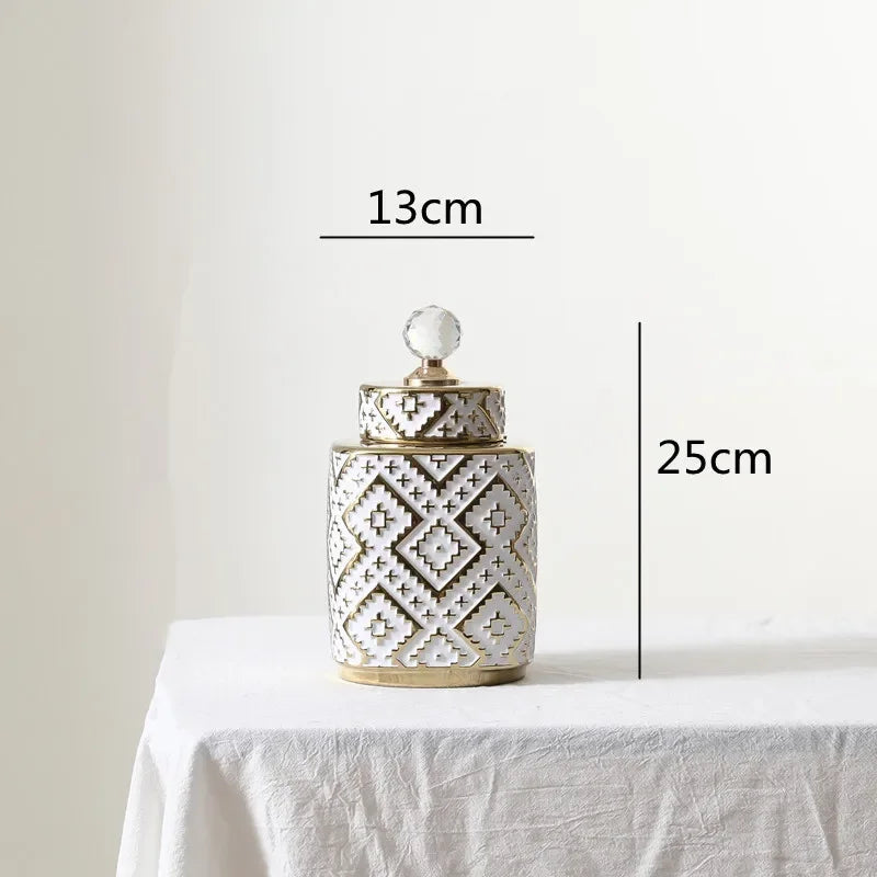 Afralia™ Geometric Golden Relief Decorative Jar - Ceramic Crystal Vase Storage Jar