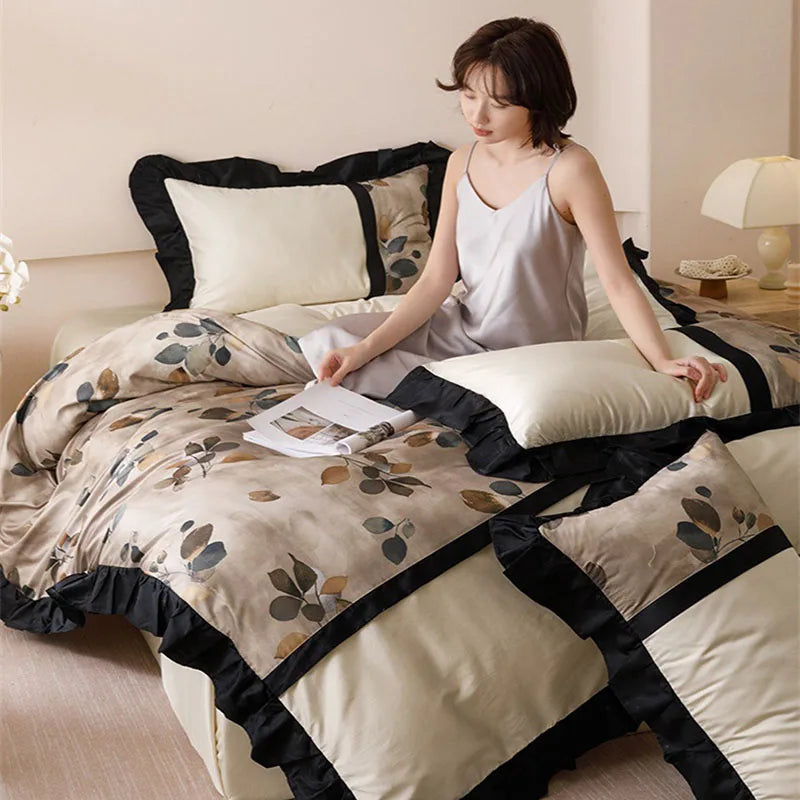 Afralia™ French Retro Rayon Silk Bedding Set with Lace - Summer Cooling Comforter Cover