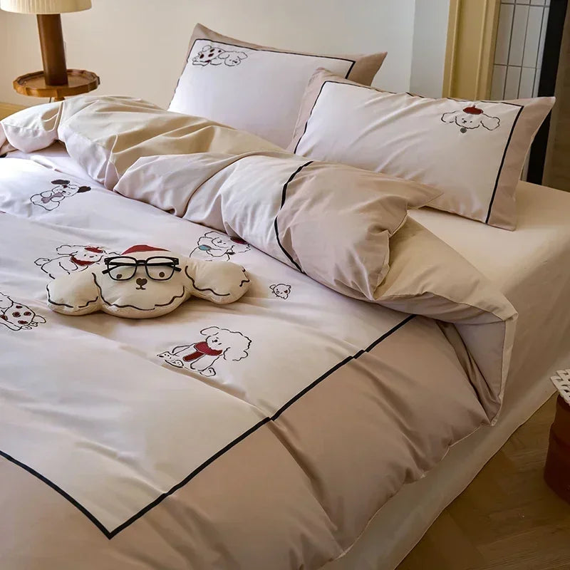 Afralia™ Luxury Embroidered Cotton Duvet Set with Sheet Quilt Pillowcases - Premium Bedding