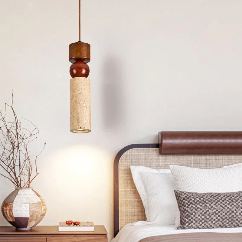 Afralia™ Cuboid Stone LED Pendant Lights Wood Yellow Travertine Interior Lighting Hanging Lamp