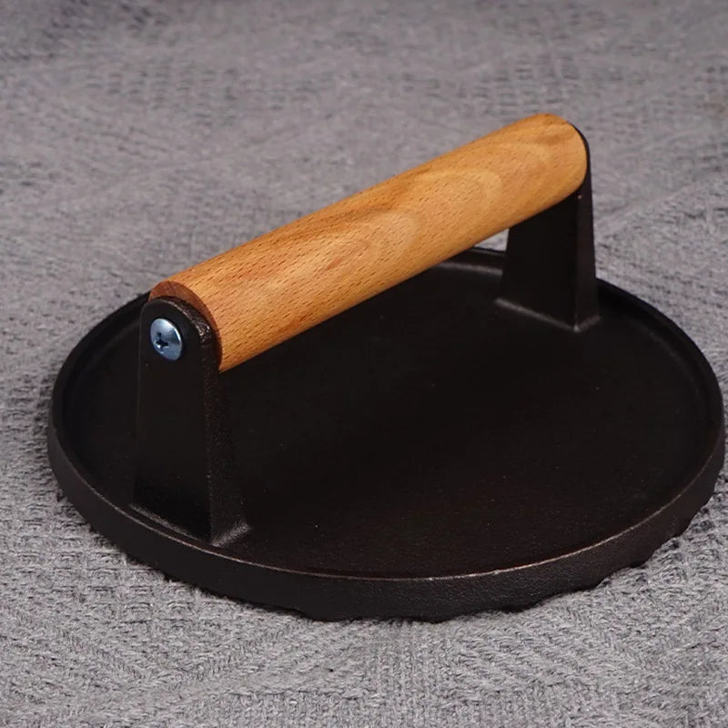 Afralia™ Cast Iron Steak Press Plate with Wooden Handle - Kitchen Barbecue Tool