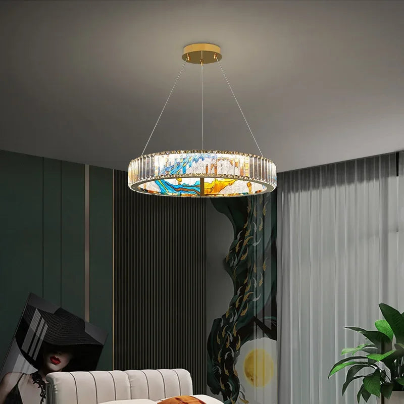 Afralia™ Luxury Enamel Chandelier Crystal Glass Pendant Light with LED Ring for Villa Decor