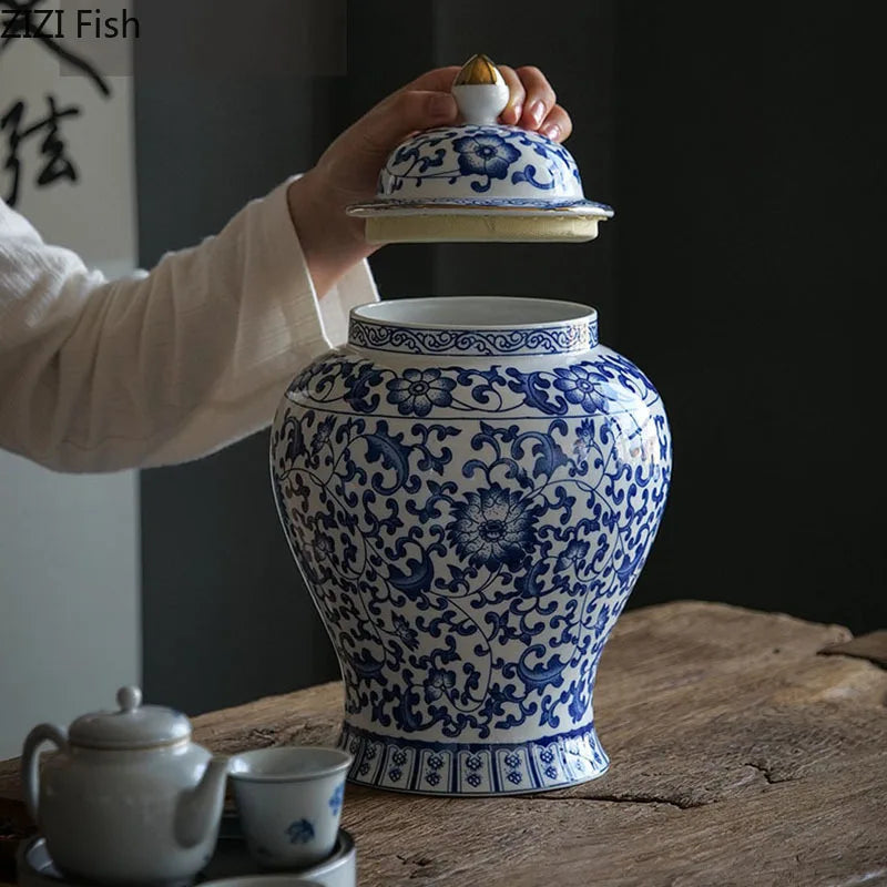 Afralia™ Blue & White Porcelain Jar with Gold Plating - Ceramic Storage & Desk Decor
