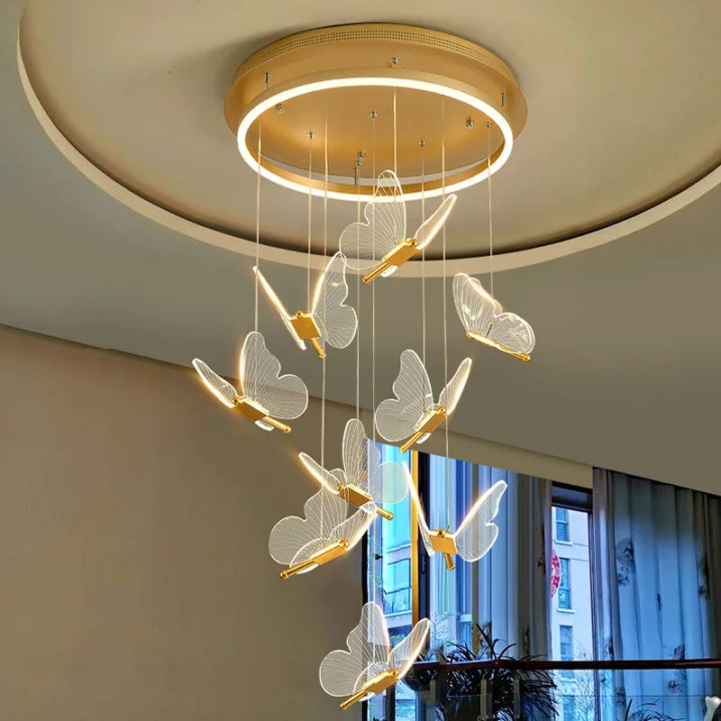 Afralia™ Gold LED Butterfly Pendant Lights for Home Staircase, Living Room, Bedroom Chandeliers