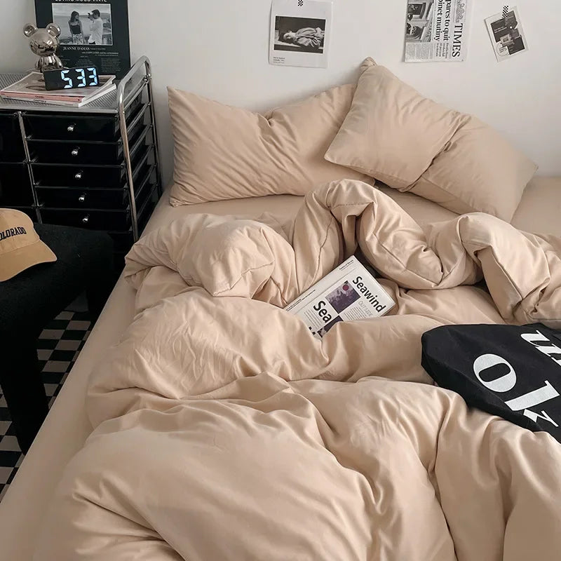 Afralia™ Washed Cotton Bed Set - Soft & Breathable 4-Piece Solid Color Duvet Cover Bed Sheet