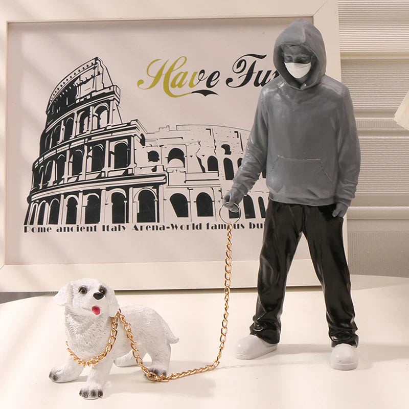 Afralia™ Banksy Dog Walker Resin Statue: Trendy Street Art Figurine for Home Office Decor