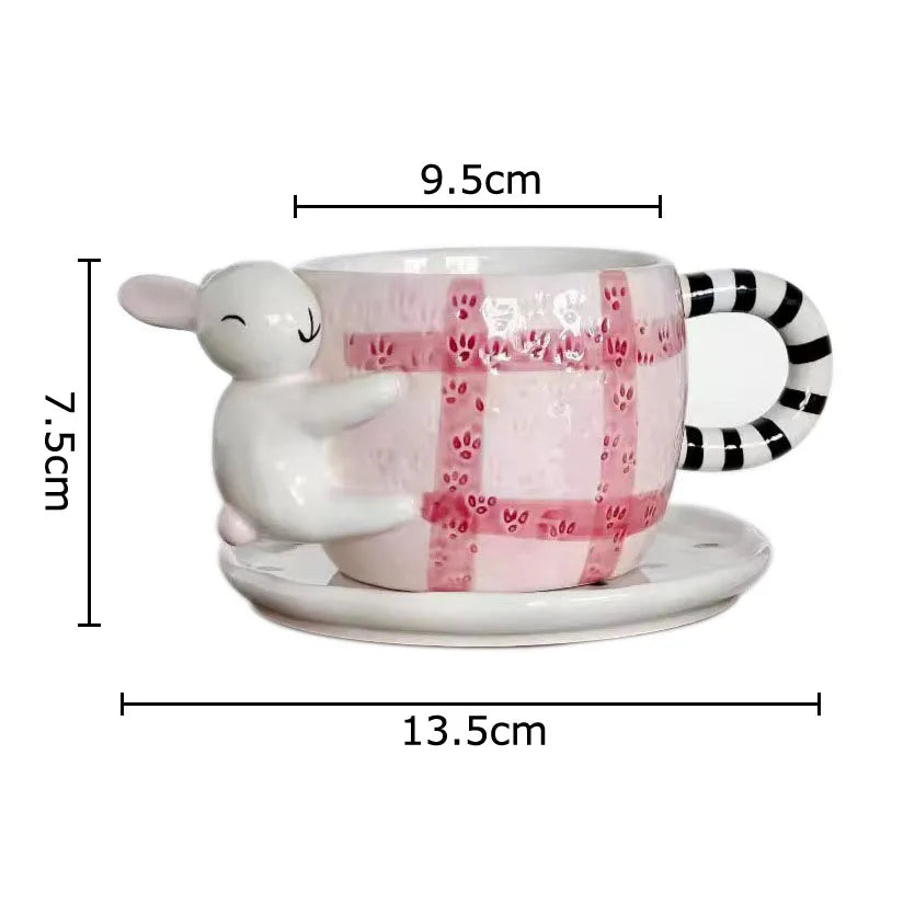 Afralia™ Rabbit Cartoon Ceramic Cup & Saucer Set for Dining Table and Coffee | Tea Mug