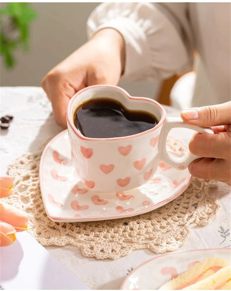 Afralia™ 250ml Coffee Cup and Saucer Set with Heart Handle Hand-painted Pink Hearts