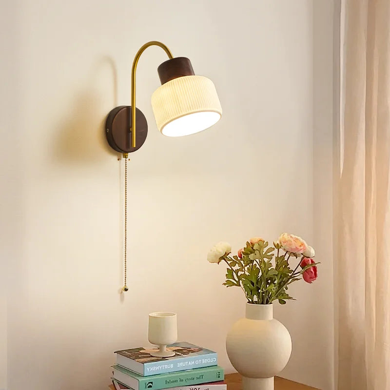 Afralia™ Ceramic Wood LED Wall Lights Modern Bedside Lamp for Home Decor