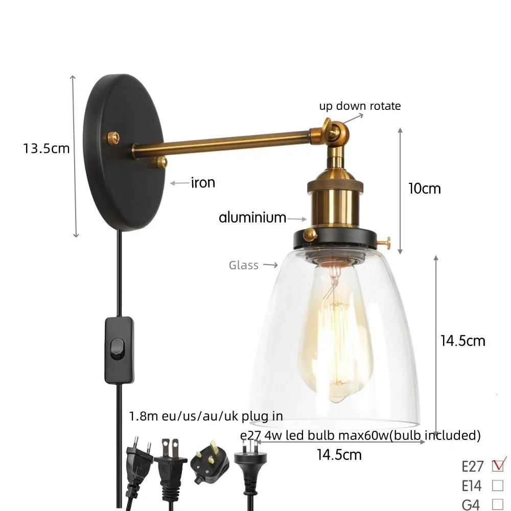 Afralia™ Vintage Single Arm LED Wall Lamp Iron Glass Retro Stair Light