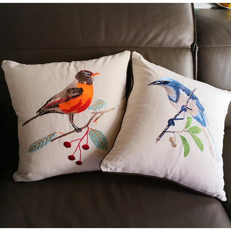 Afralia™ Embroidered Sparrow Bird Pillow Cover - Rustic Farmhouse Decor, 45x45cm