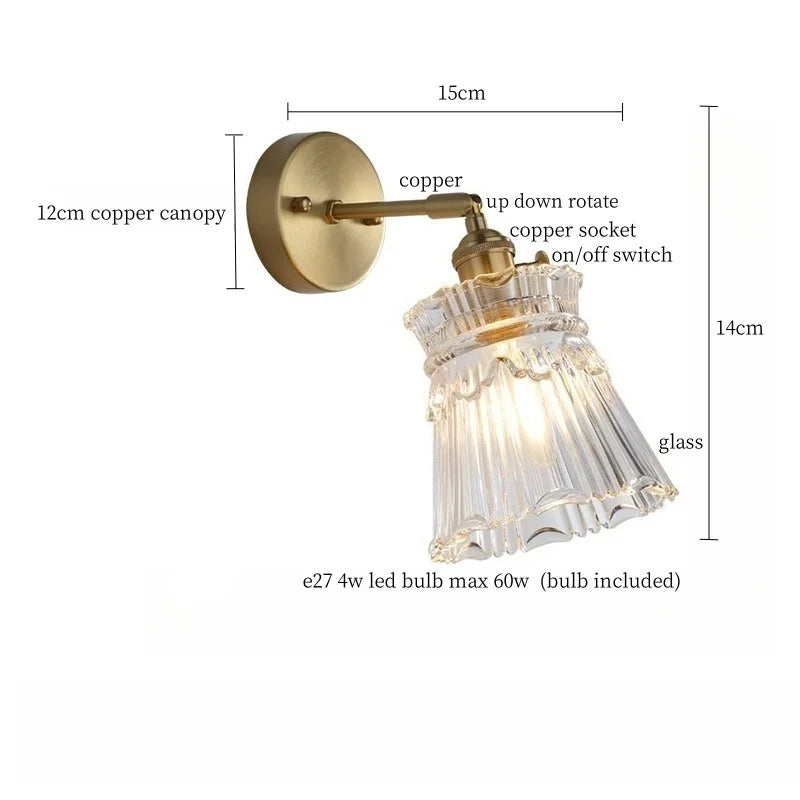 Afralia™ Clear Brass Glass LED Wall Lamp Pull Chain for Living Room Bedroom Loft