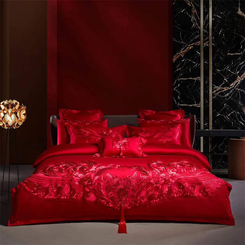 Afralia™ Peony Embroidery Luxury Chinese Style Bedding Set