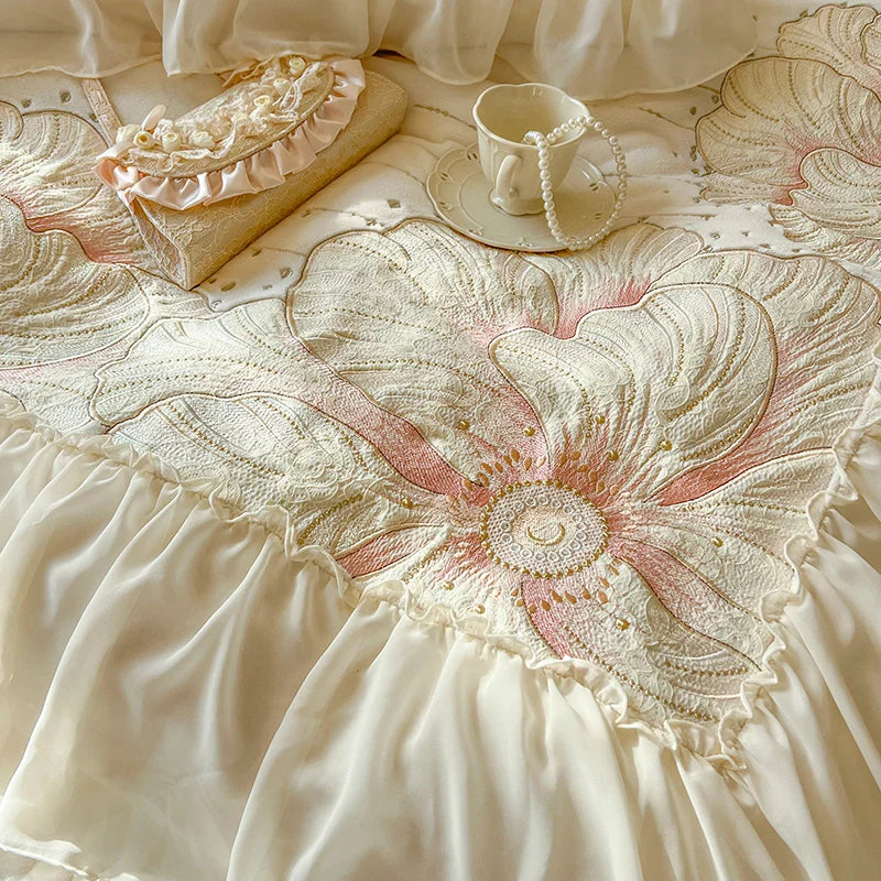 Afralia™ French Princess Wedding Bedding Set, Lace Ruffles, Flowers Embroidery.