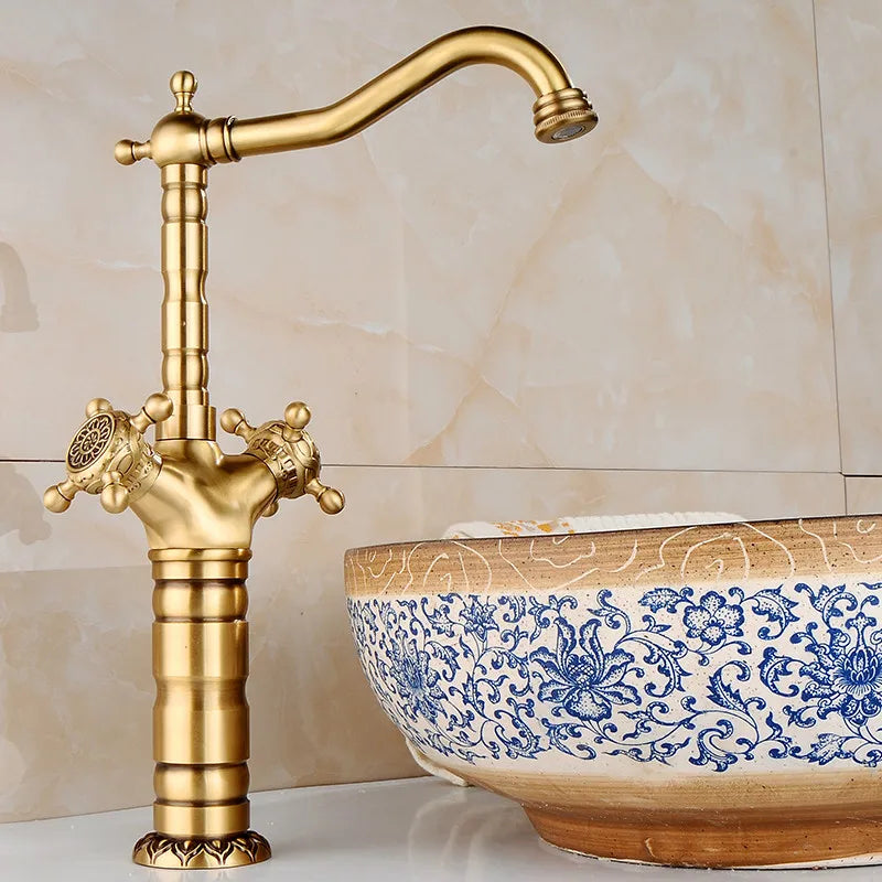 Afralia™ Brass Carved Bathroom Faucet, Single Handle Hot & Cold Water Mixer Tap