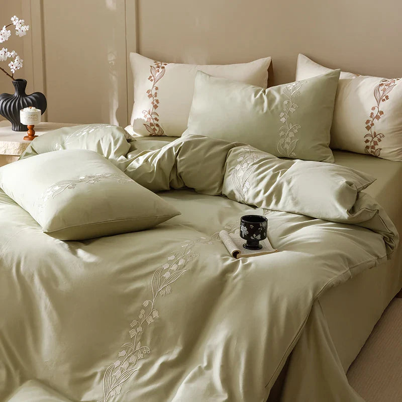 Afralia™ Elegant Lily of the Valley Embroidery Brown Cotton Bedding Set