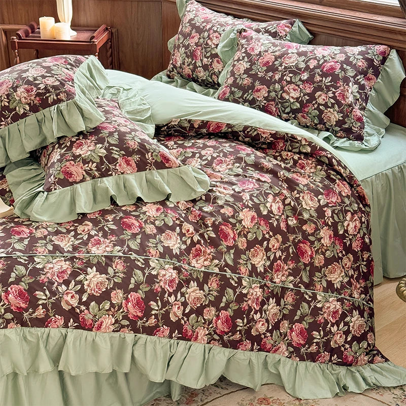 Afralia™ Princess Ruffles Rose Flowers Bedding Set with Pillowcase - 4Pcs