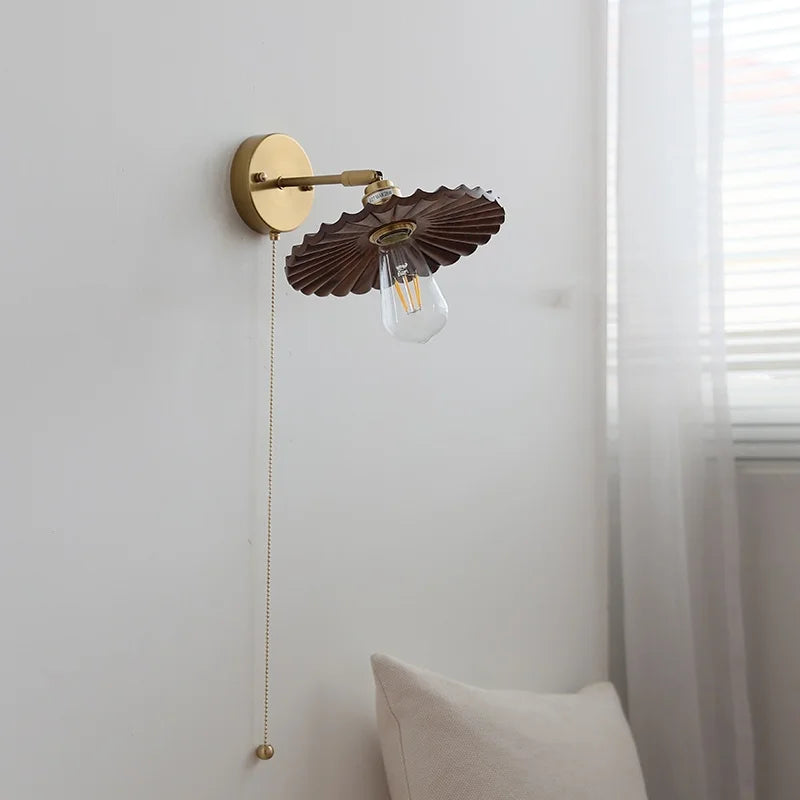 Afralia™ Nordic LED Wall Light Sconce Walnut Wood Copper Pull Chain Switch