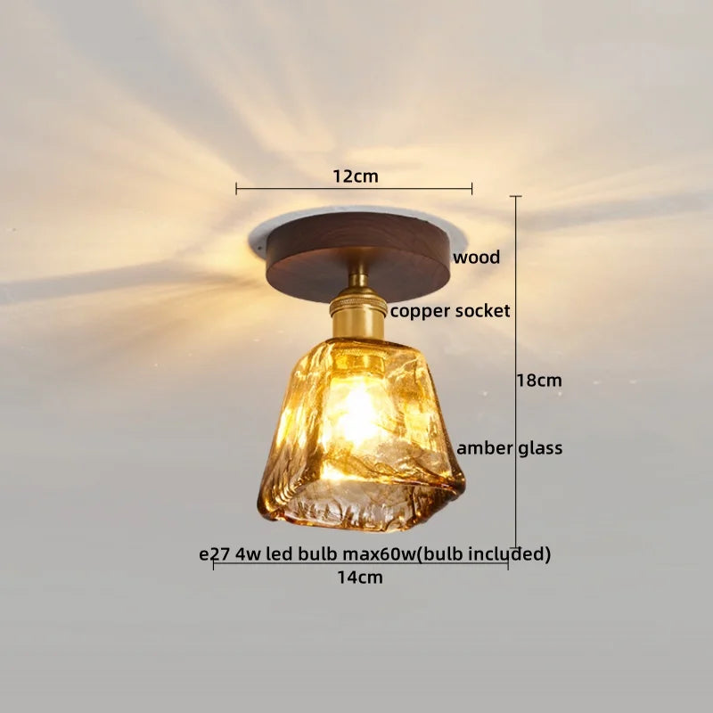 Afralia™ Green Glass LED Ceiling Lamp Nordic Wood Copper Ceiling Lights