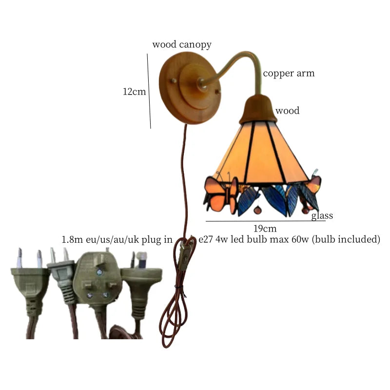 Afralia™ Butterfly Glass LED Wall Light with Copper Arm for Home Decor.