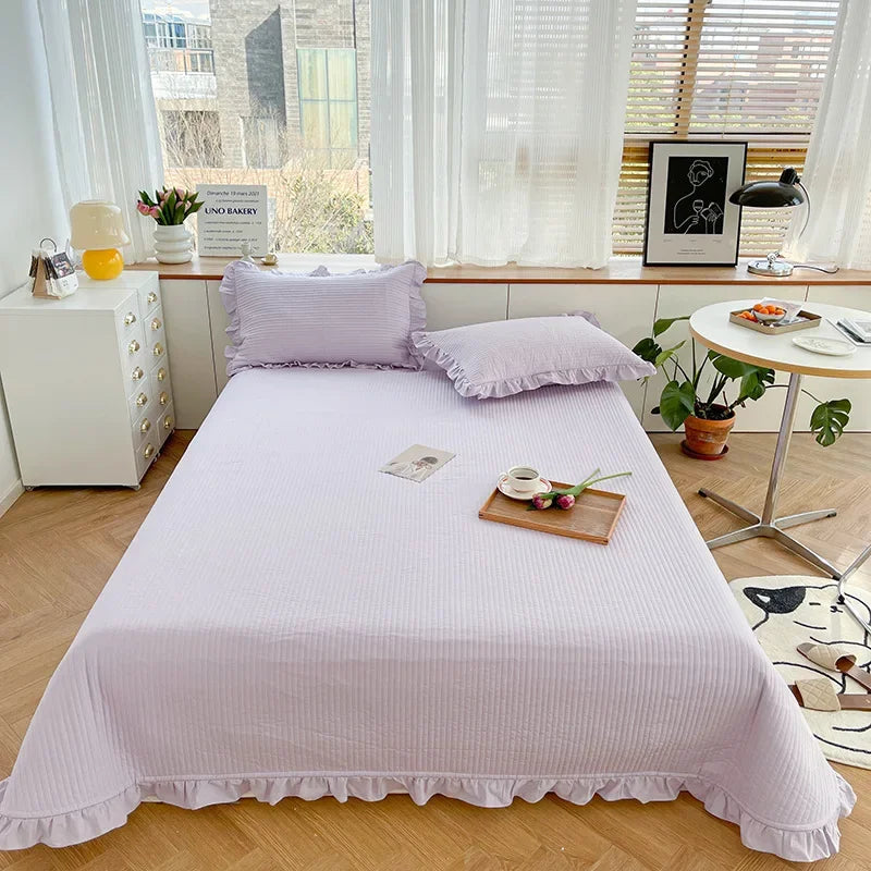 Afralia™ Quilted Cotton Queen Bed Cover Set with Ruffles - Soft & Comfortable Home Bedspread