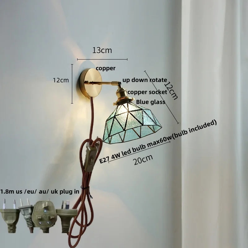 Afralia™ Tiffany Blue Glass LED Wall Sconce Rotate Copper Pull Chain Switch Light