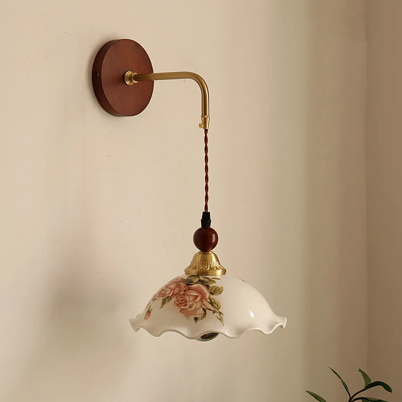 Afralia™ Nordic LED Wall Sconce Flower Ceramic Copper Wood Bedroom Reading Light