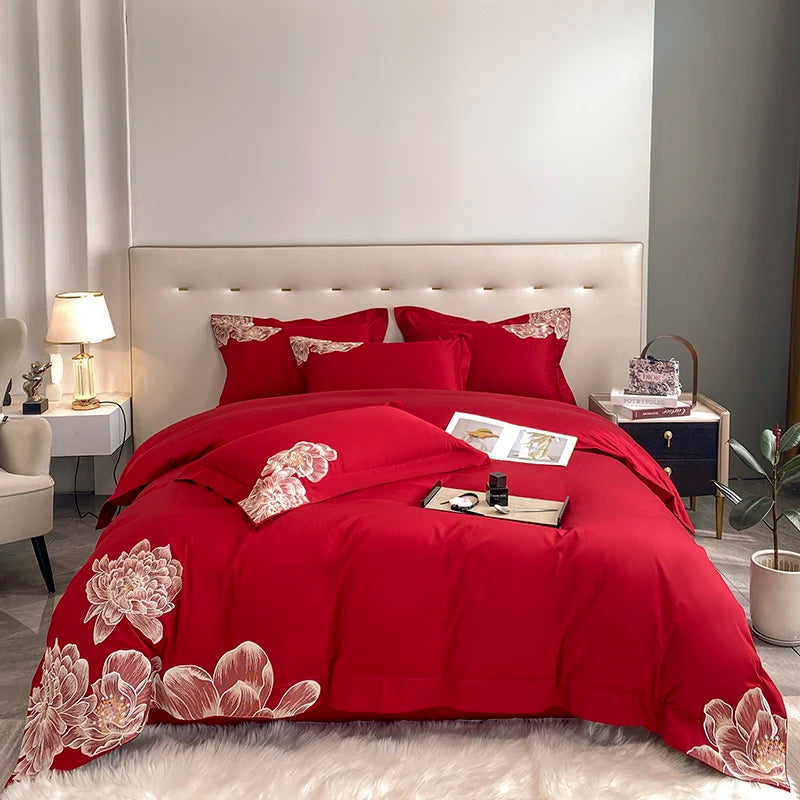 Afralia™ White Egyptian Cotton Flowers Embroidery Bedding Set | 600TC Duvet Cover, Sheet, Pillowcase