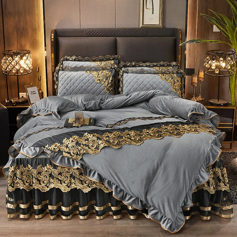 Afralia™ Black Gold Lace Duvet Set, Luxury Crystal Velvet, Quilted Embroidery, Ruffle Bedding