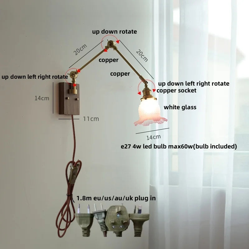 Afralia™ Yellow Glass LED Wall Sconce Walnut Wood Bedside Lamp