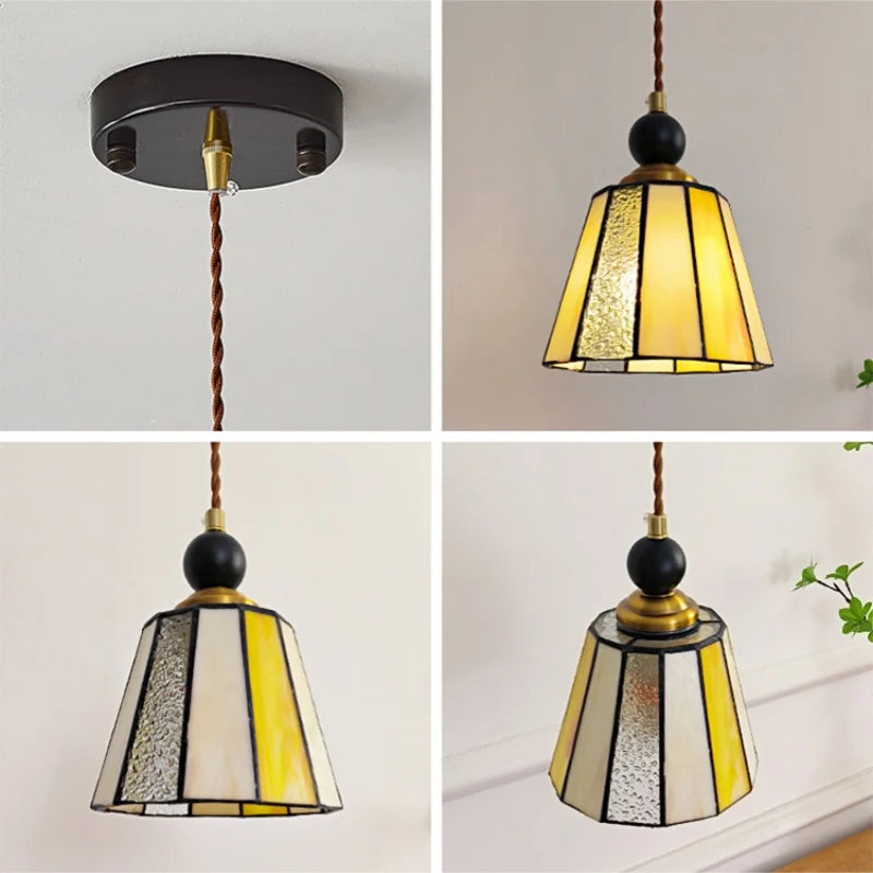Afralia™ Tiffany Glass LED Pendant Lights: Modern Nordic Copper Wood Hanging Lamp