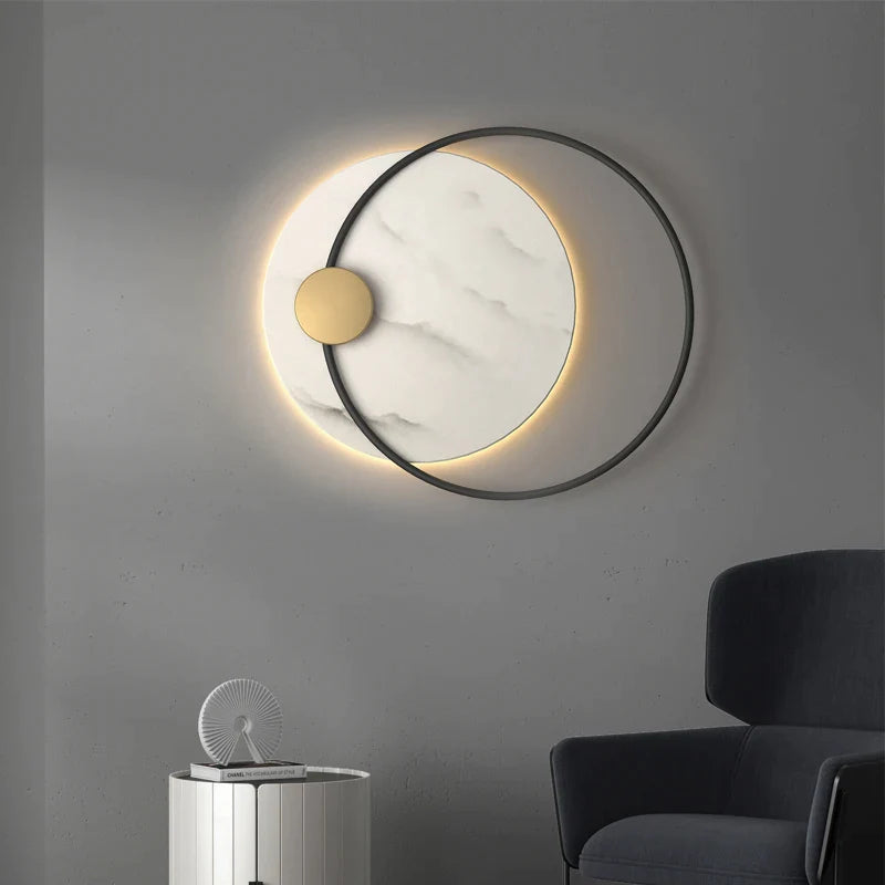 Afralia™ Modern LED Black Metal Marble Round Wall Lamp for Fancy Luxury Decor