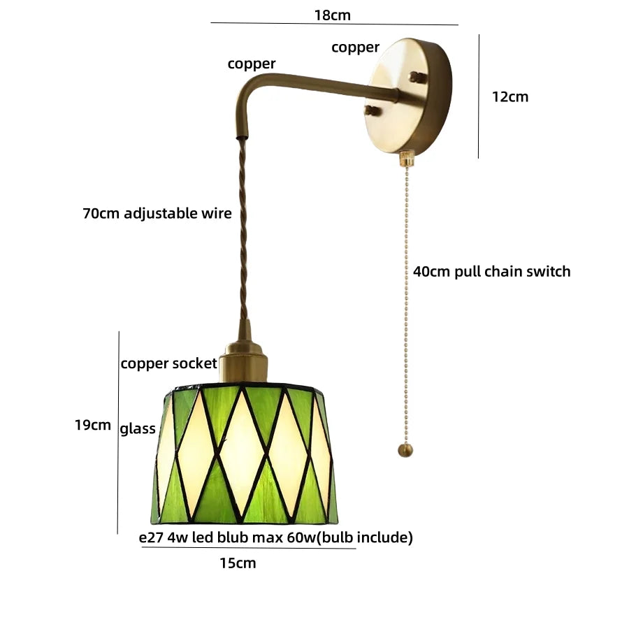 Afralia™ Tiffany Glass LED Wall Sconce | Adjustable Wire Fixture | Modern Pull Chain Switch
