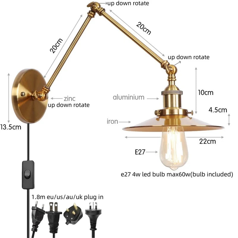 Afralia™ Vintage Industrial Long Arm Adjustable LED Wall Sconce Pull Chain Switch Bedside Lamp