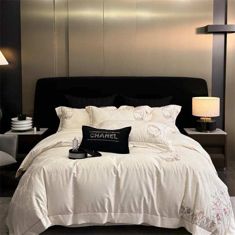 Afralia™ Silky Chic Jacquard Cotton Bedding Set with Flowers Embroidery