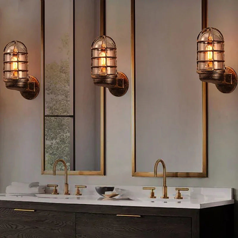 Afralia™ Iron Cage Guard Wall Sconce Vintage Retro Industrial Loft Wall Lamp