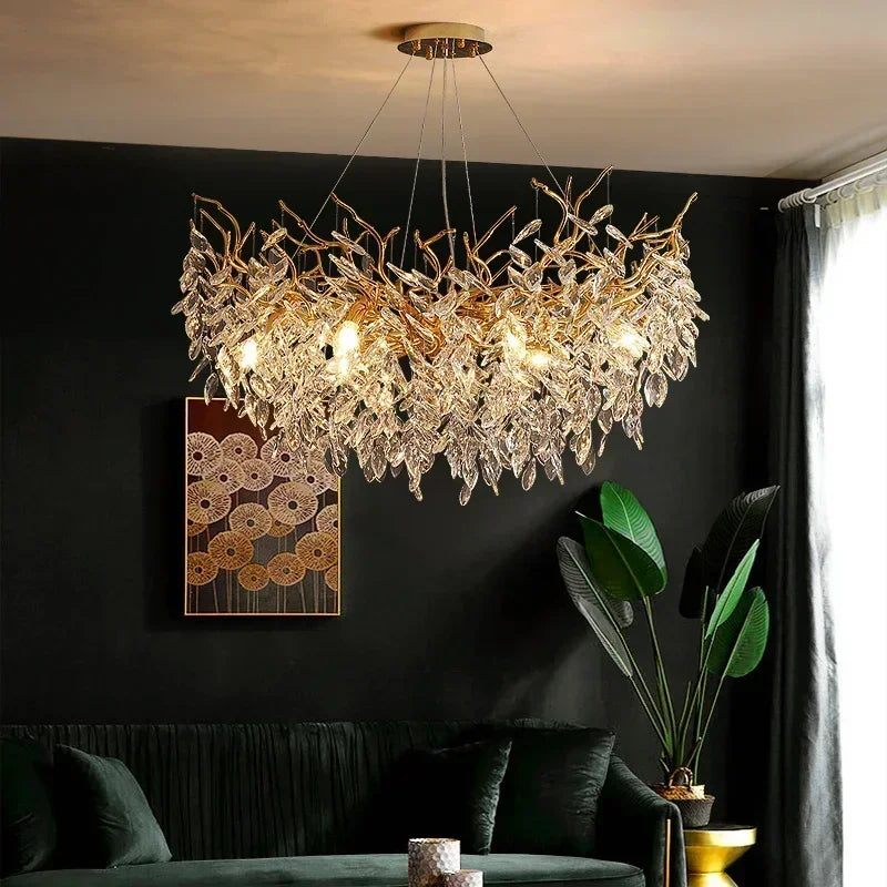 Afralia™ Crystal Branch Chandelier LED Pendant Lamps Elegant Villa Living Room Gold Decor