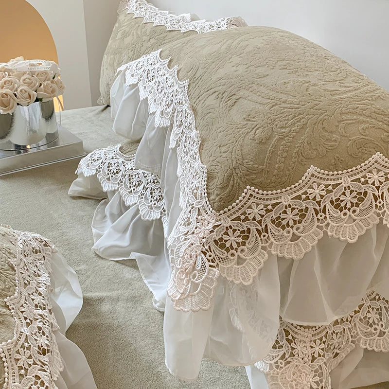 Afralia™ Luxe Velvet Lace Ruffle Duvet Set with Plush Pillowcases, Winter Bedding Collection