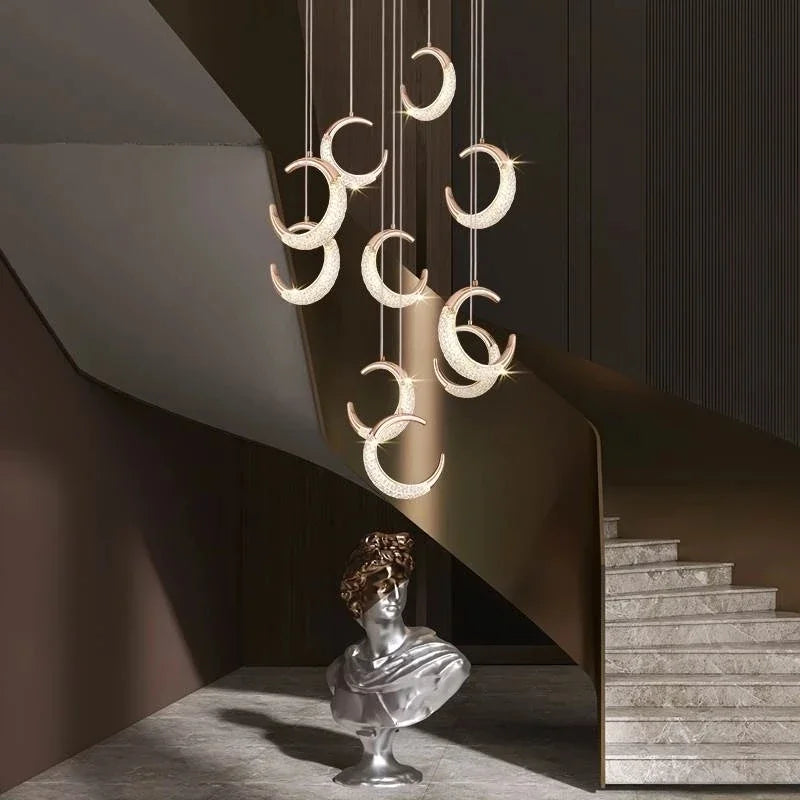 Afralia™ Moon Design Acrylic LED Chandelier: Modern Staircase Pendant Light for Living and Dining Room