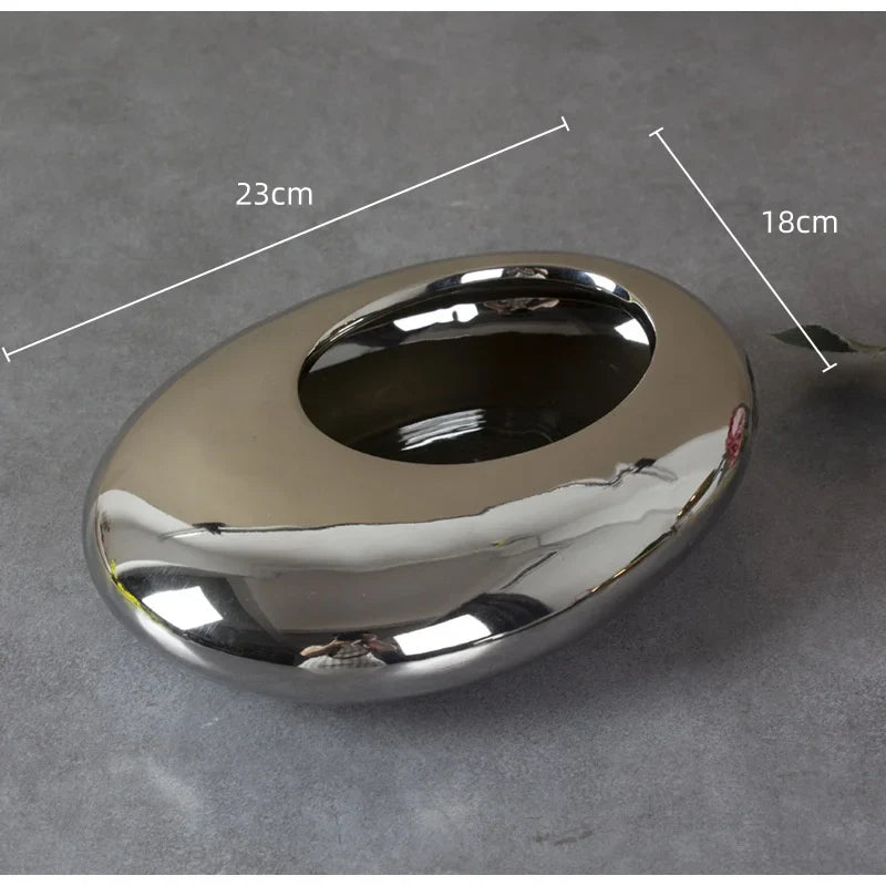 Afralia Silver Cobblestone Ceramic Vase Geometric Oval Flower Pot Home Decor